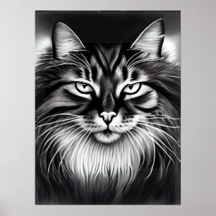 ノルウェーの森の猫（白黒） ポスター