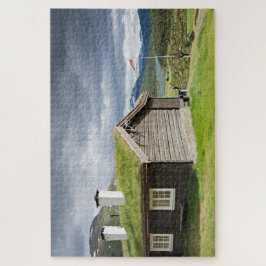 ノルウェーの荒野の芝地の屋根の丸太小屋 ジグソーパズル