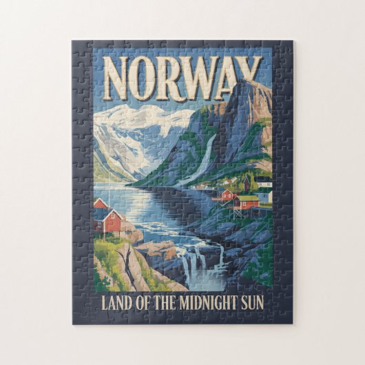 ノルウェーの風景イラスト 旅行アート ヴィンテージ ジグソーパズル (縦)