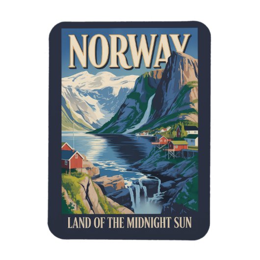 ノルウェーの風景イラスト 旅行アート ヴィンテージ マグネット (縦)