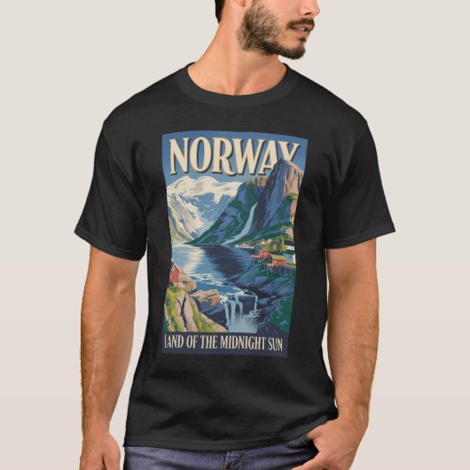 ノルウェーの風景イラスト 旅行アート ヴィンテージ Tシャツ (正面)