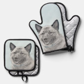 ノルウェーエルクハウンド絵を描の可愛いオリジナルドッグアート 鍋つかみ&鍋敷きセット (正面/裏面)