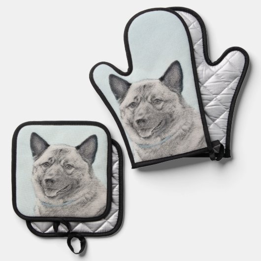 ノルウェーエルクハウンド絵を描の可愛いオリジナルドッグアート 鍋つかみ&鍋敷きセット (正面/裏面)