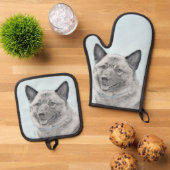 ノルウェーエルクハウンド絵を描の可愛いオリジナルドッグアート 鍋つかみ&鍋敷きセット (トップダウン)