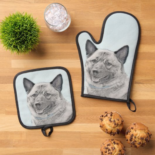 ノルウェーエルクハウンド絵を描の可愛いオリジナルドッグアート 鍋つかみ&鍋敷きセット (トップダウン)