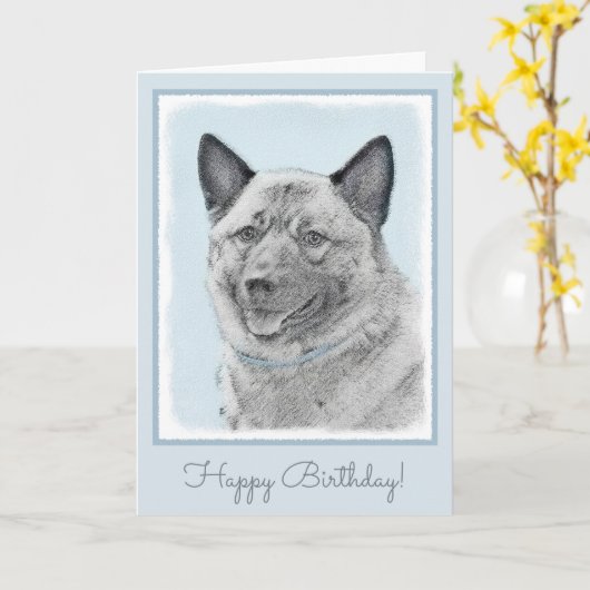 ノルウェーエルクハウンド絵画ズ – オリジナルドッグアート カード (黄色い花)