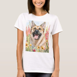 ノルウェージャンエルクハウンドの水彩絵画 レディースTシャツ Tシャツ