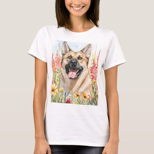 ノルウェージャンエルクハウンドの水彩絵画 レディースTシャツ Tシャツ (正面)
