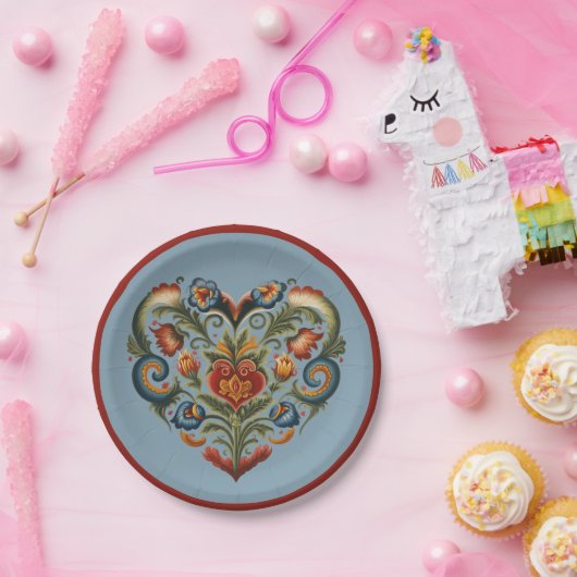 ノルウェーローズマリングフォークアートハート ペーパープレート (パーティー)