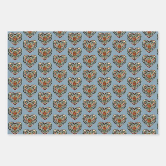 ノルウェーローズマリングフォークアートハート ラッピングペーパーシート (正面)