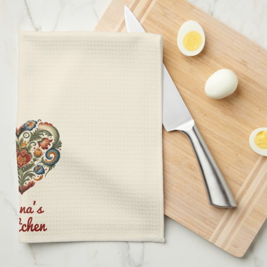 ノルウェーローズマリングフォークアートパーソナライズされたハート キッチンタオル (四つ折り)