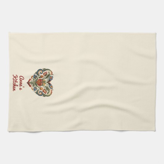 ノルウェーローズマリングフォークアートパーソナライズされたハート キッチンタオル (横)