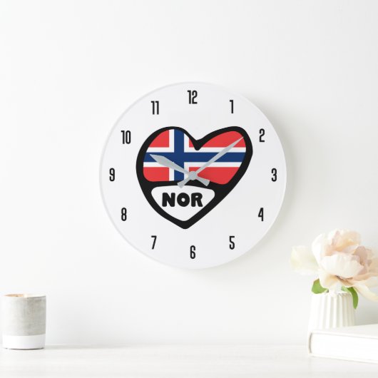 ノルウェー国コードNORフラグハート ラージ壁時計 (ホーム)
