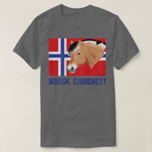 ノルウェー国旗とフィヨルド馬、ポニーファン、かわいい Tシャツ (デザイン正面)