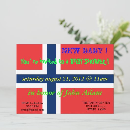 ノルウェー国旗を持つベビーシャワー招待状 招待状 (スタンド正面)