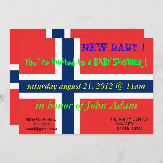 ノルウェー国旗を持つベビーシャワー招待状 招待状 (正面/裏面)