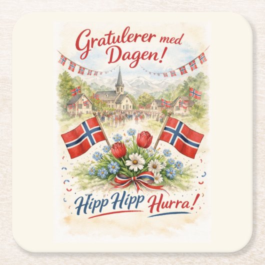 ノルウェー憲法記念日おめでとう - 5月17日 Syttende  スクエアペーパーコースター (正面)