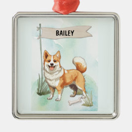 ノルウェー産ルンデフントの水彩画デザインのオーダーメイド犬グッズ メタルオーナメント