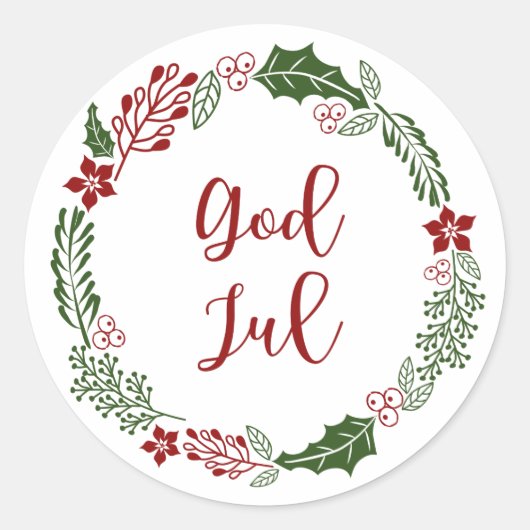 ノルウェー語とスウェーデン語メリークリスマスリースGod Jul ラウンドシール (正面)