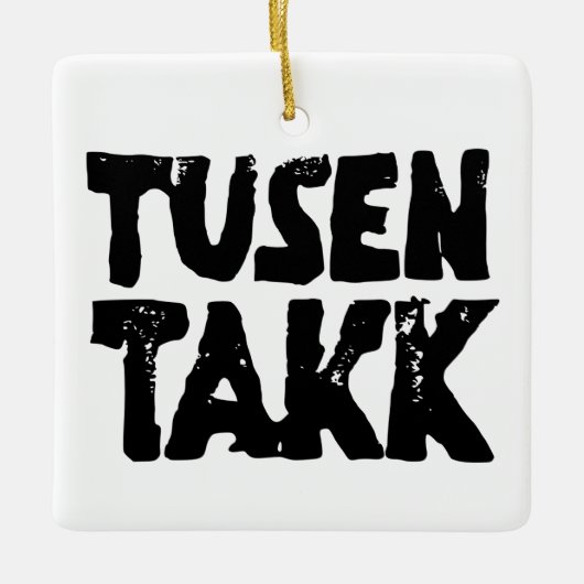 ノルウェー語「ありがとう」白黒リノカット セラミックオーナメント (正面)