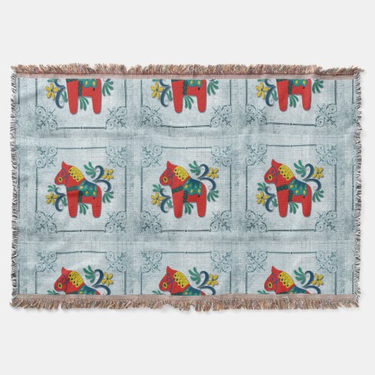 ノルウェー語Rosemalingを持つスウェーデン人のDalaの馬 スローブランケット (正面)