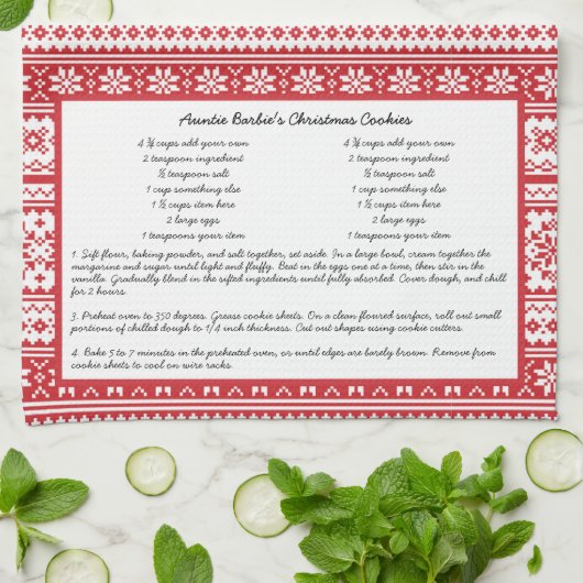 ノルウェー赤白ストライプウィンターファミリーレシピ キッチンタオル (折り畳み)