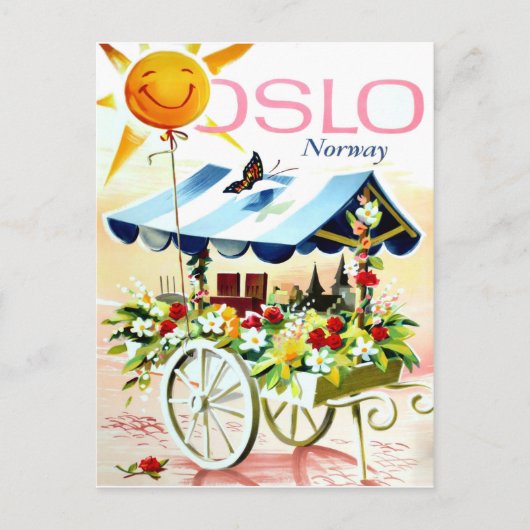 ノルウェー、オスロの夏。花カートと幸せな太陽 ポストカード (正面)