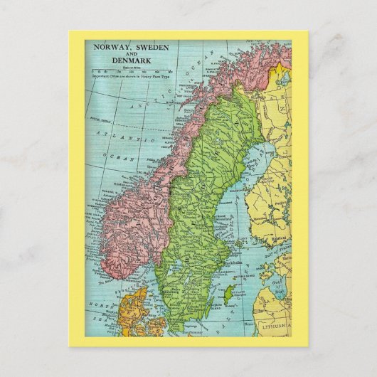 ノルウェー、スウェーデン、デンマーク地図ポストカード ポストカード (正面)
