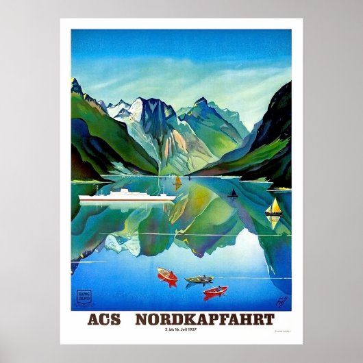 ノルウェー、ノールカップ、帆船、山の風景 ポスター (正面)
