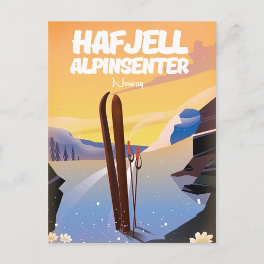 ノルウェー ハーフィエッセン アルペンセンターの美しいスキーポスター ポストカード (正面)