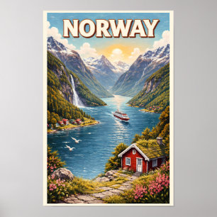 ノルウェー・フィヨルドのイラスト・トラベルアート・ヴィンテージ ポスター
