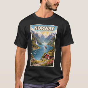 ノルウェー フィヨルド イラスト 旅行 アート ヴィンテージ Tシャツ
