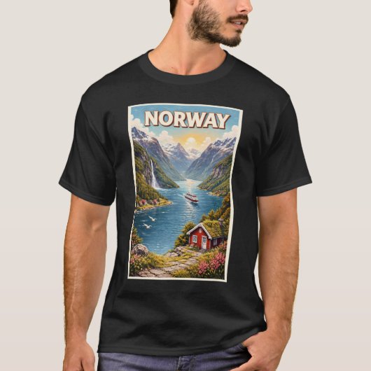 ノルウェー フィヨルド イラスト 旅行 アート ヴィンテージ Tシャツ (正面)