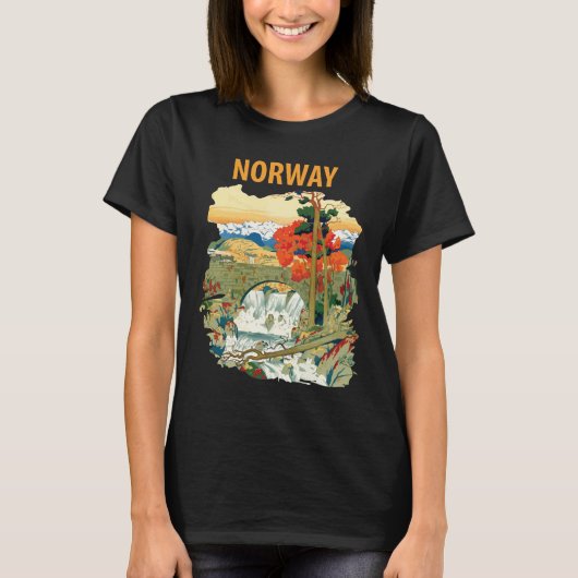 ノルウェー フィヨルド 滝 風景 旅行 Tシャツ (正面)