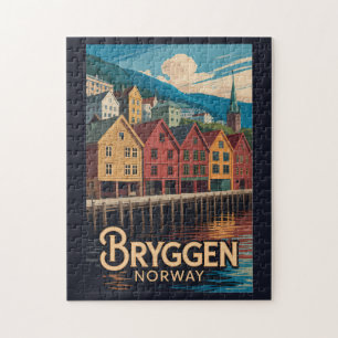 ノルウェー・ベルゲンのBryggenイラスト 旅行アート ジグソーパズル