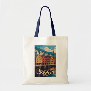 ノルウェー・ベルゲンのBryggenイラスト 旅行アート トートバッグ