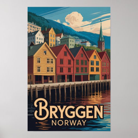 ノルウェー・ベルゲンのBryggenイラスト 旅行アート ポスター (正面)