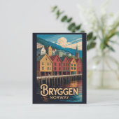 ノルウェー・ベルゲンのBryggenイラスト 旅行アート ポストカード (スタンド正面)