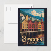 ノルウェー・ベルゲンのBryggenイラスト 旅行アート ポストカード (正面/裏面)