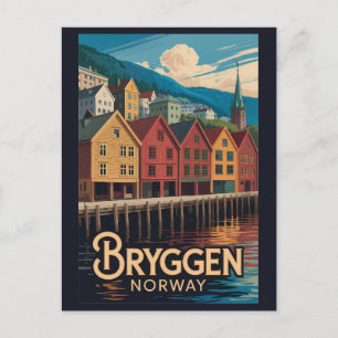 ノルウェー・ベルゲンのBryggenイラスト 旅行アート ポストカード