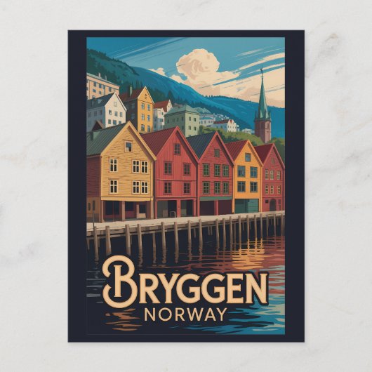 ノルウェー・ベルゲンのBryggenイラスト 旅行アート ポストカード (正面)