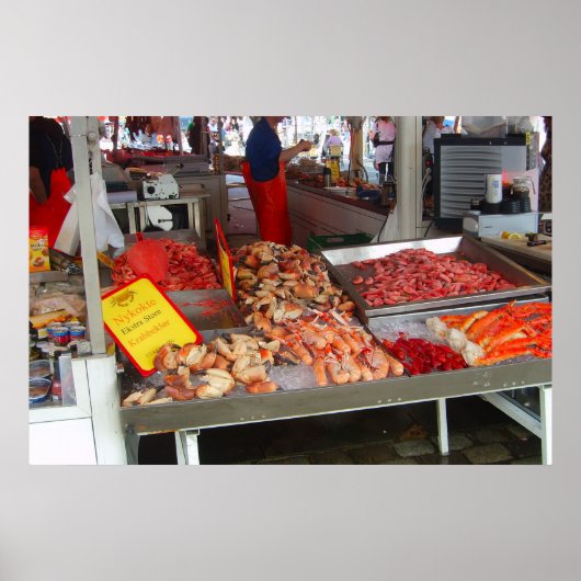 ノルウェー、ベルゲン、ウォーターフロントの魚市場 ポスター (正面)