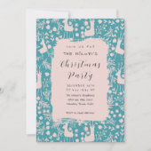 ノルディックのトナカイの花模様 | ティールにバラ色のクリスマス 招待状 (正面)