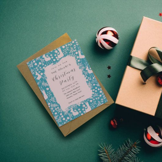 ノルディックのトナカイの花模様 | ティールにバラ色のクリスマス 招待状
