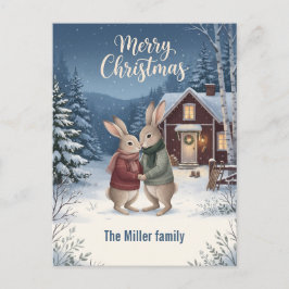 ノルディッククリスマスのほのぼのうさぎ 森のログハウス カスタムデザイン シーズンポストカード
