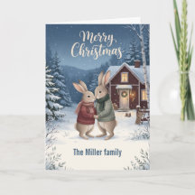 ノルディッククリスマスのほのぼのウサギ 森のログハウス カスタムデザイン