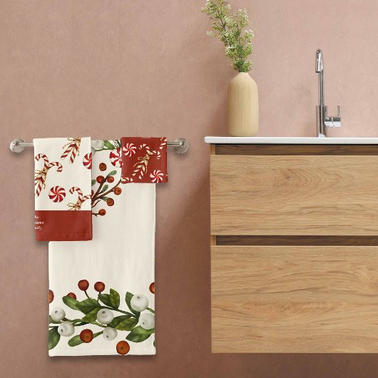 ノルディッククリスマスキャンディーケーンリース名前をカスタムする バスタオルセット