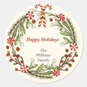 ノルディッククリスマスキャンディーケーンリース名前をカスタムする ラウンドシール (正面)