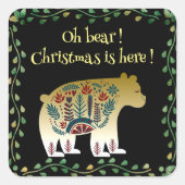 ノルディックゴールデンベアーグリーンフレームクリスマス引用文 スクエアシール (正面)