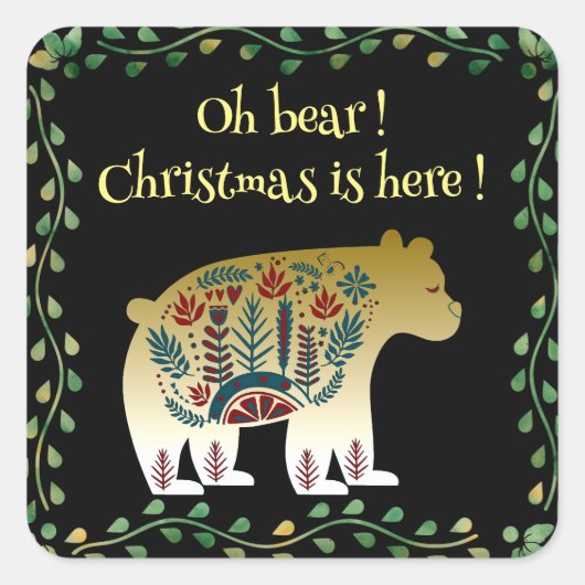 ノルディックゴールデンベアーグリーンフレームクリスマス引用文 スクエアシール (正面)
